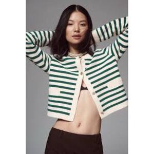 ANTHROPOLOGIE NVLT Size Medium Striped Sweater Lady Jacket Cardigan Green Ivory